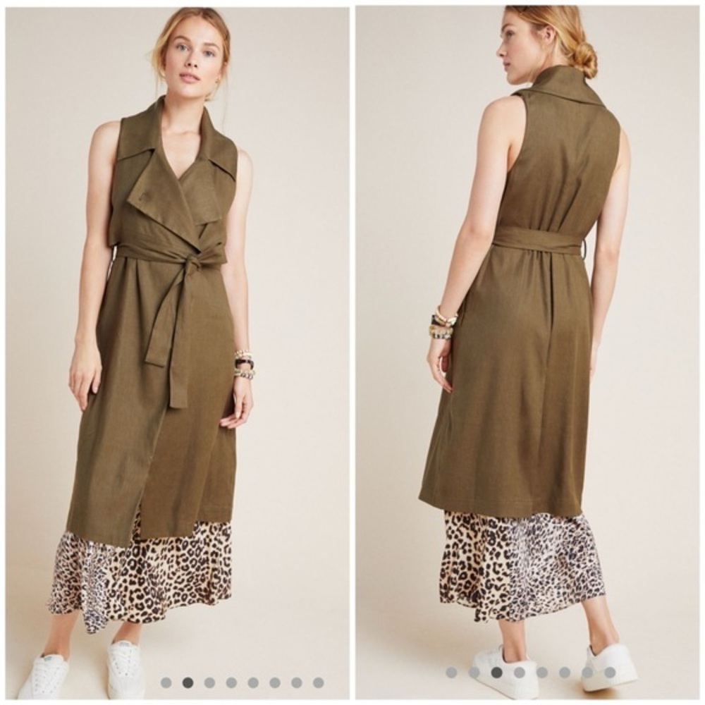 💋Anthropologie Hollis tie front Olive Sleeveless Trench Coat vest dress XS